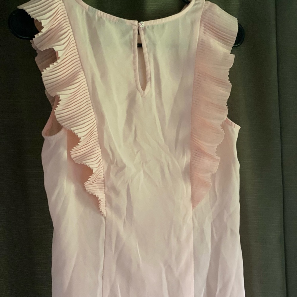 Sleeveless dress shirt sheer blush pink color with pleated detail.